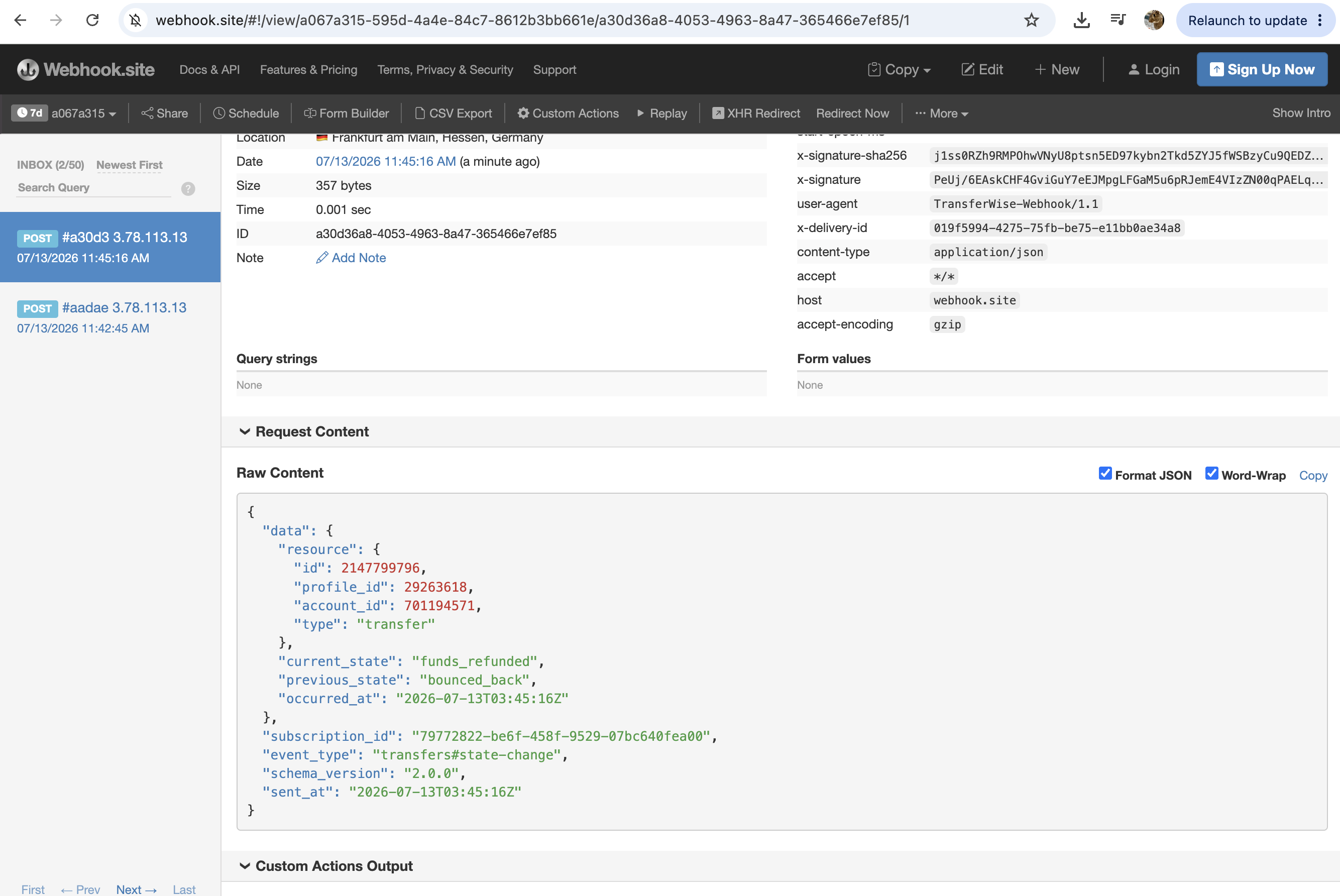 Webhook.site: funds_refunded event received