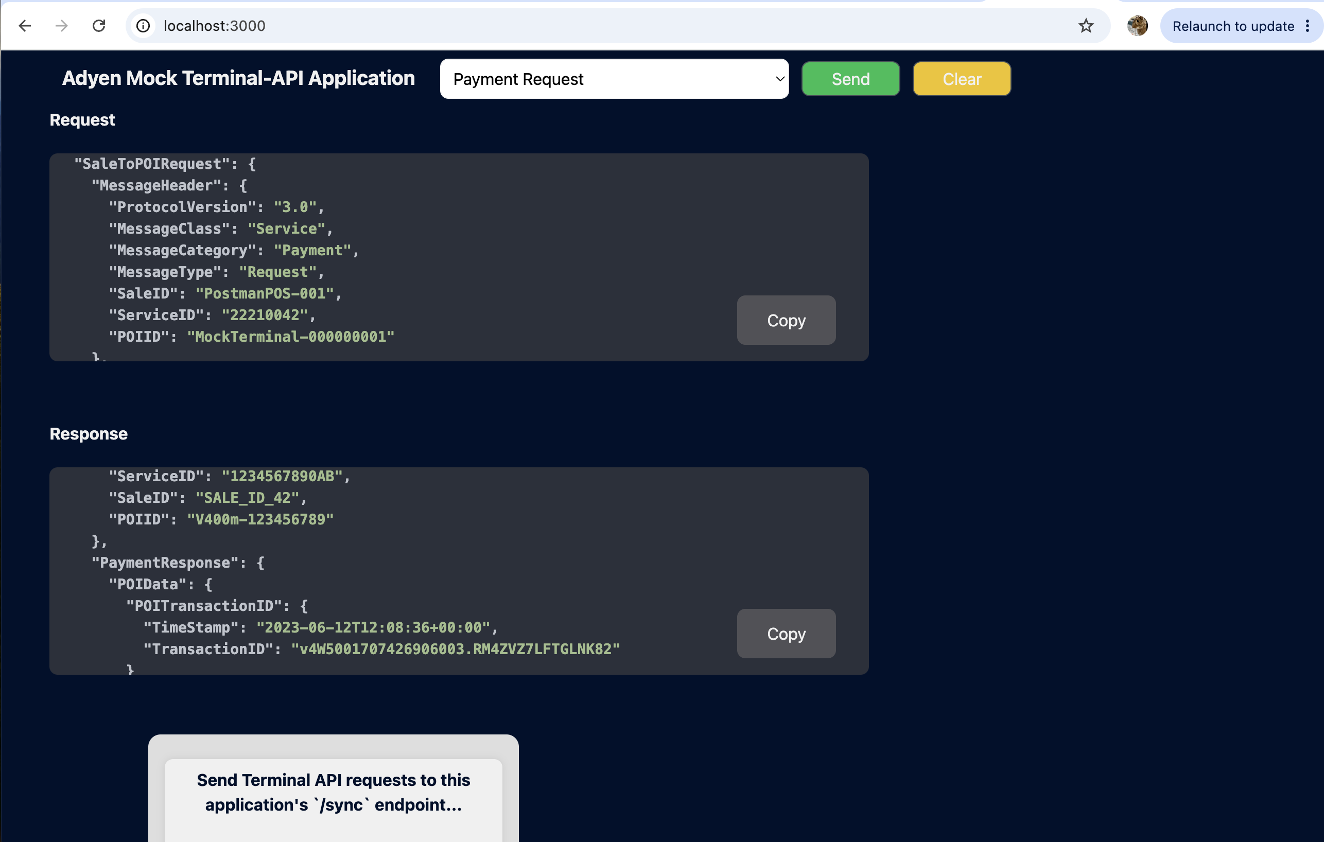 Mock terminal UI: populated payment request and response