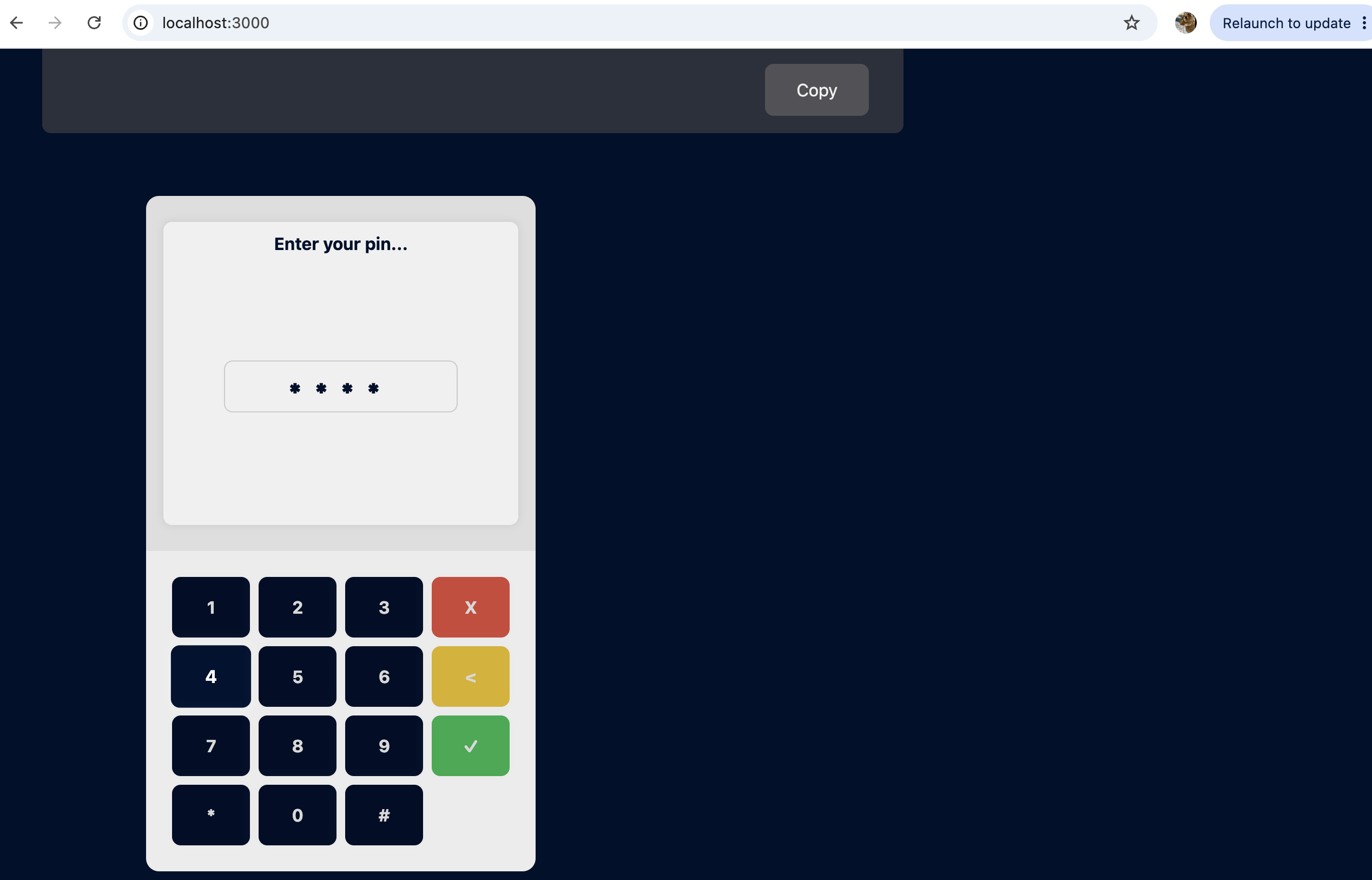 PIN entered on the mock terminal keypad, before confirming