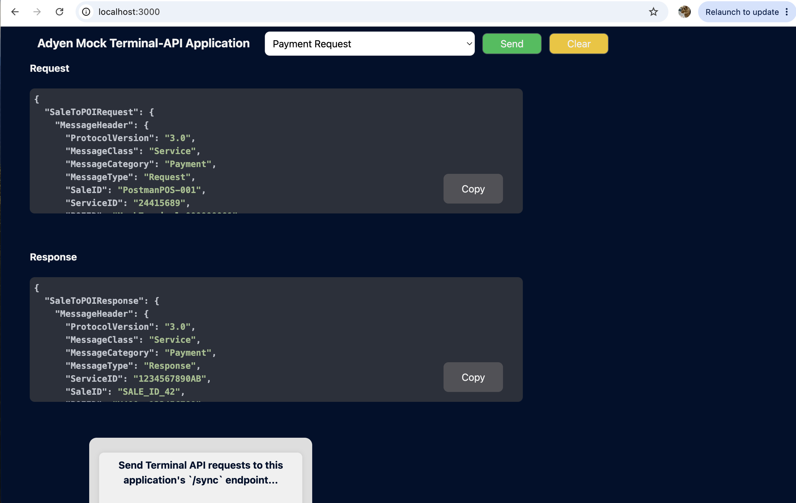 Mock terminal request and response panel right after PIN confirmation