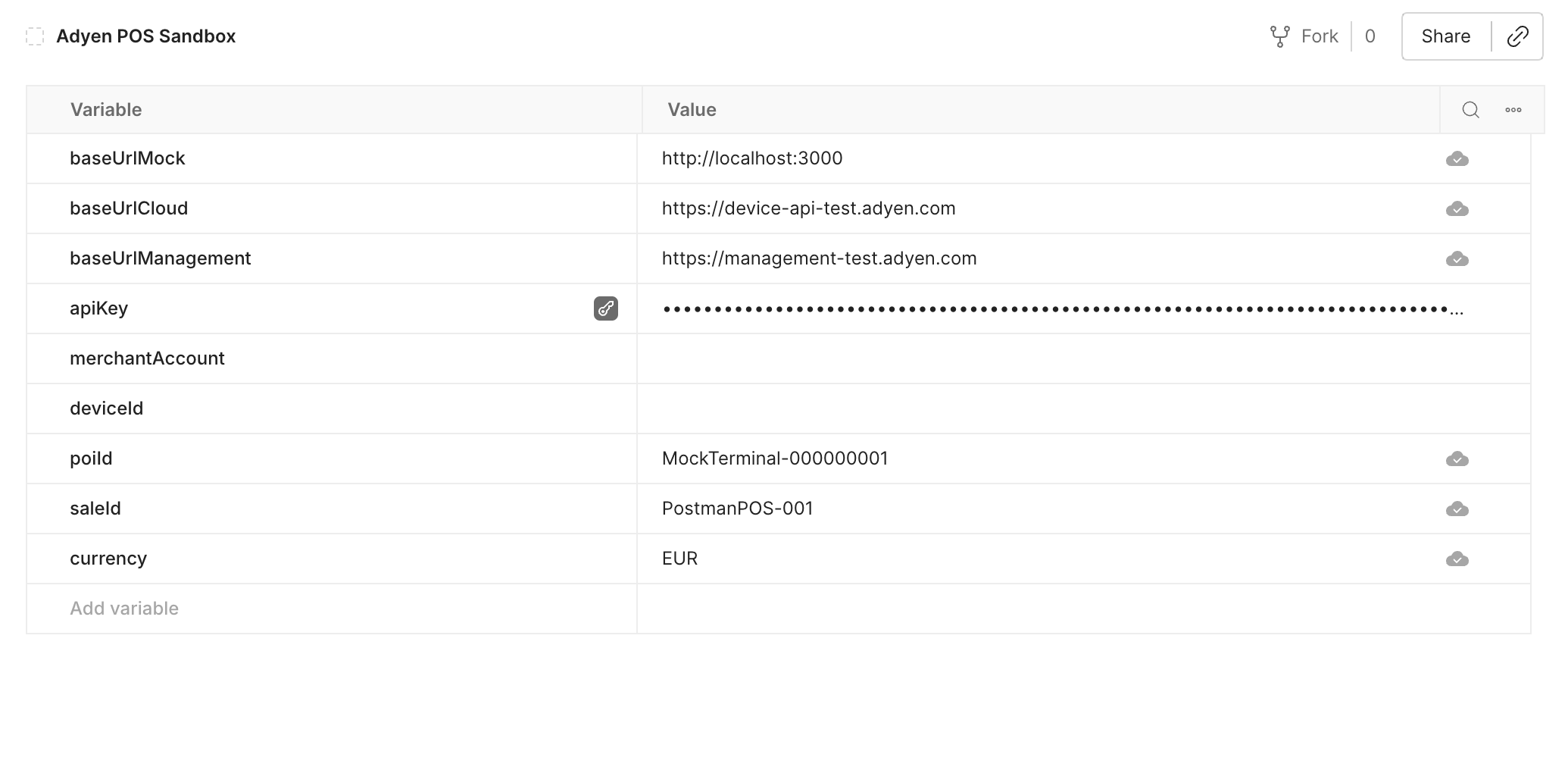 Postman environment variables used for this run