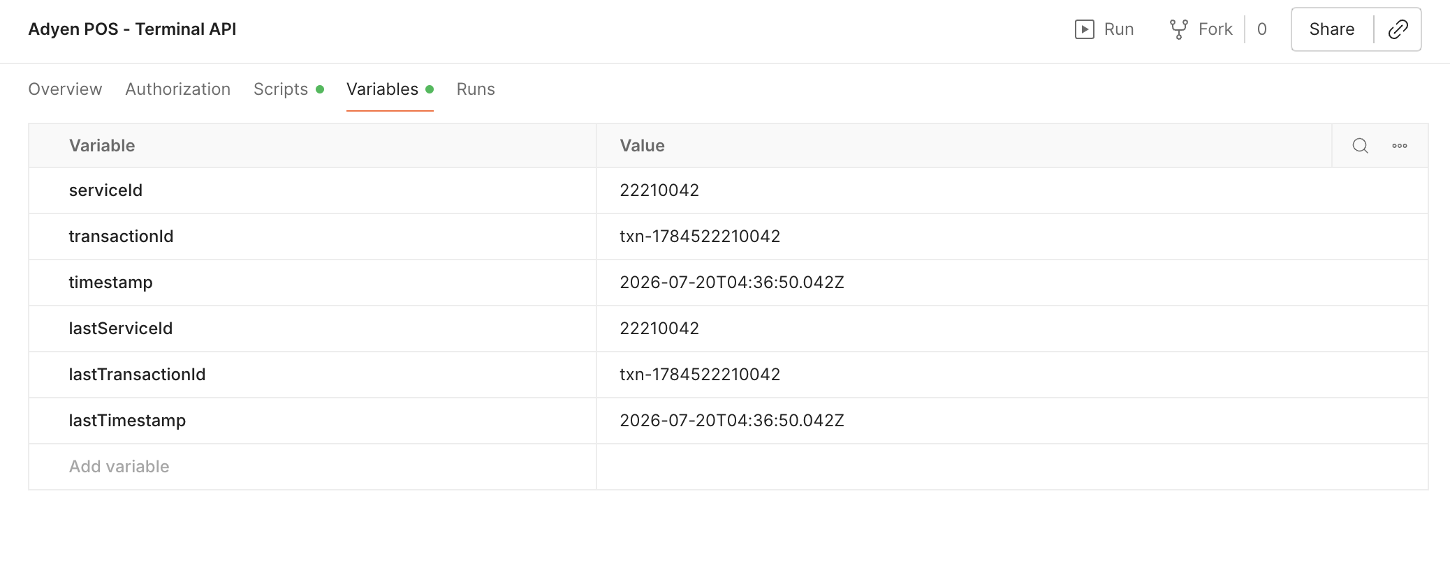 Postman chaining variables correctly populated in a later run