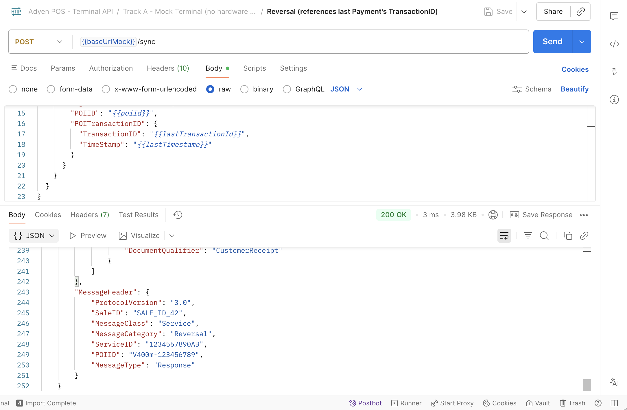Postman: reversal request and response