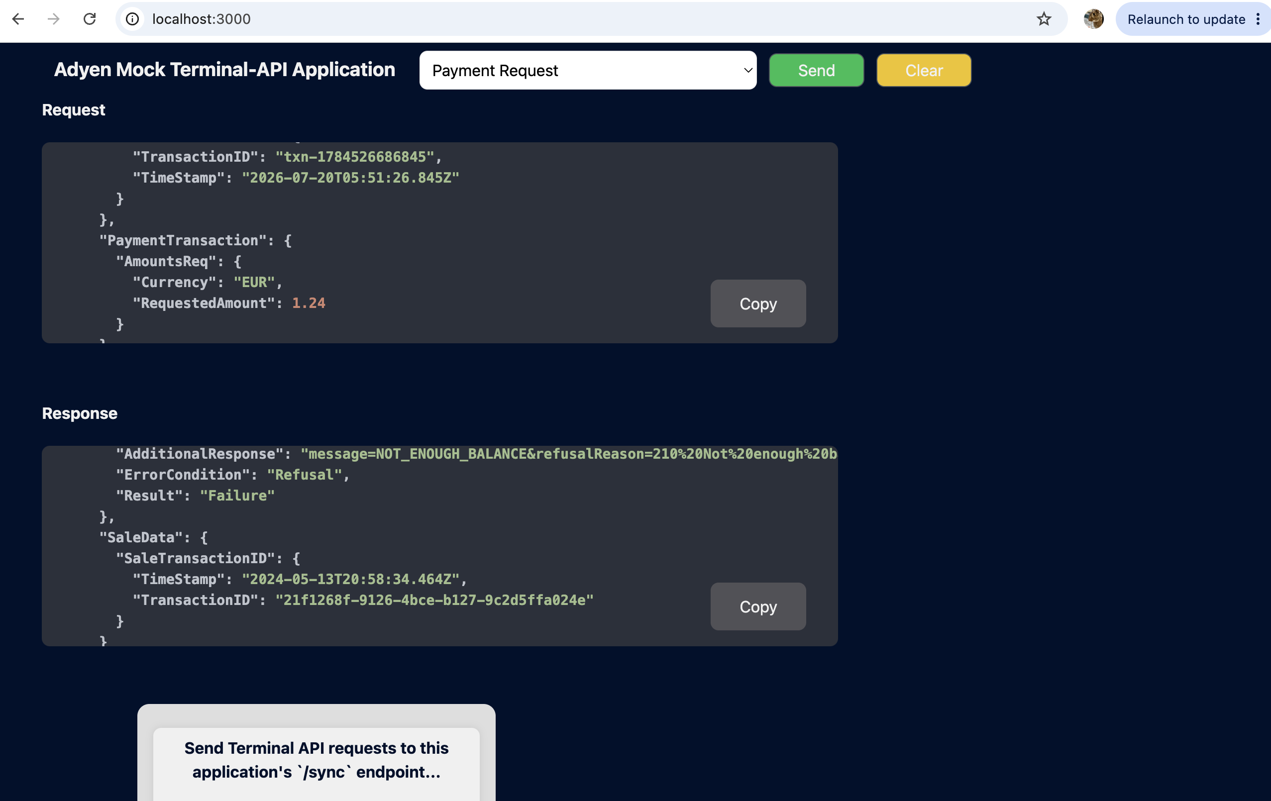 Mock terminal UI showing the insufficient-balance request and response