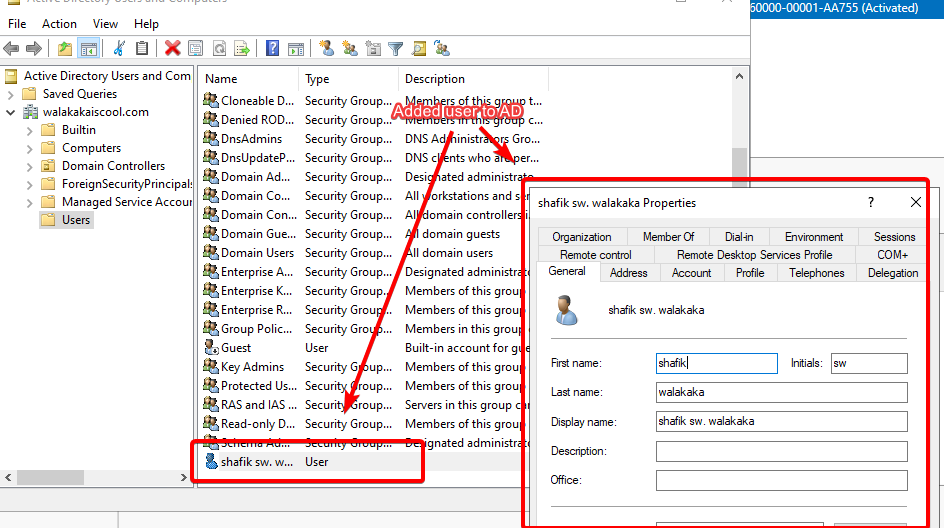 Adding a test user to AD