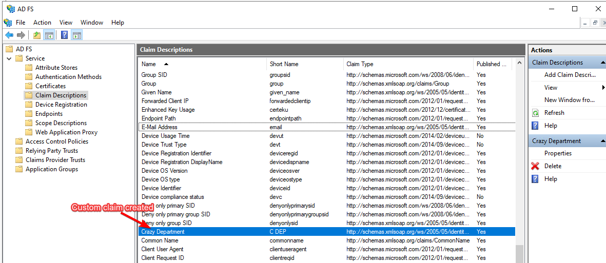 Adding a custom claim description in AD FS