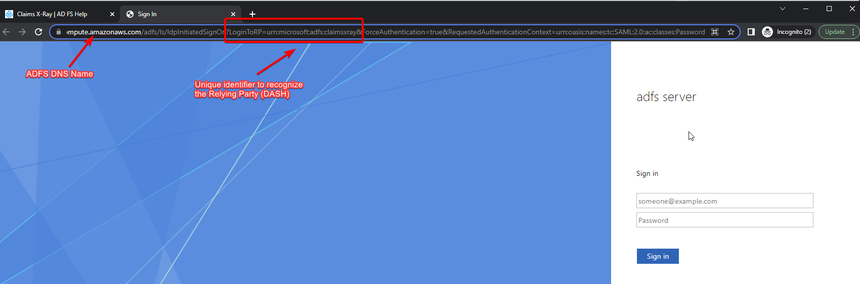 The relying party identifier embedded in the redirect URL