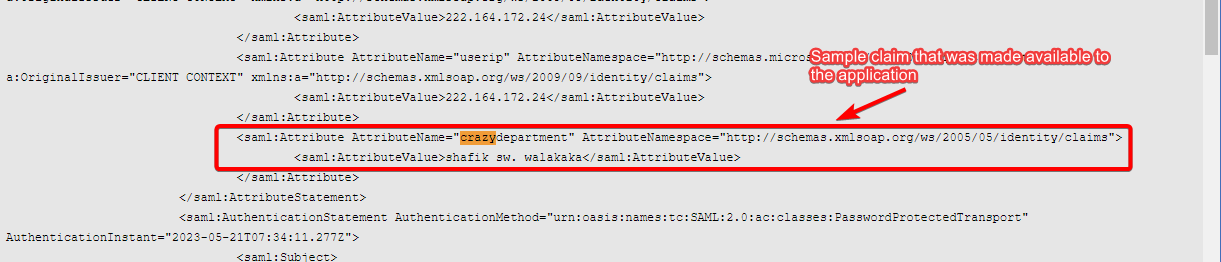 The custom claim in the decoded SAML response