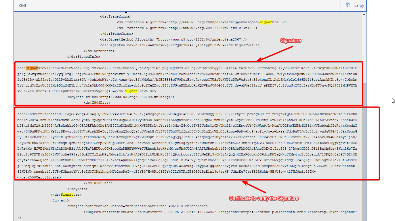 Signature and certificate in the SAML response