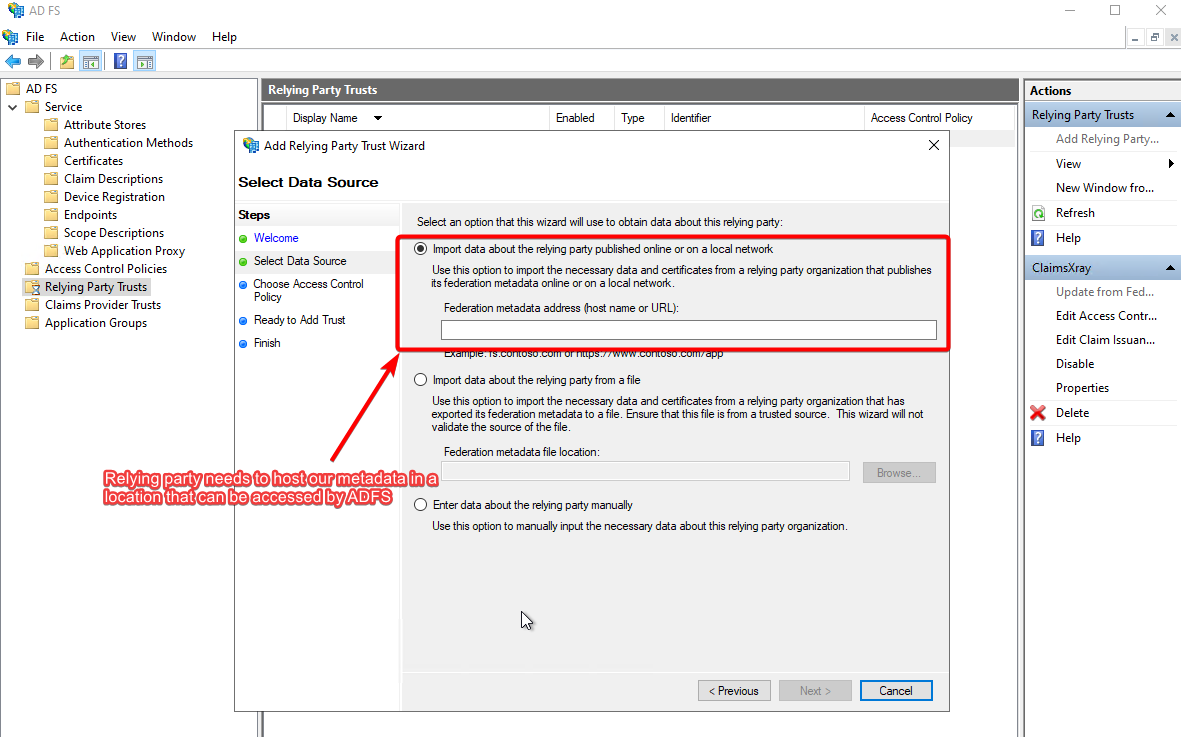 Add Relying Party Trust wizard -- choosing how to supply the SP's metadata