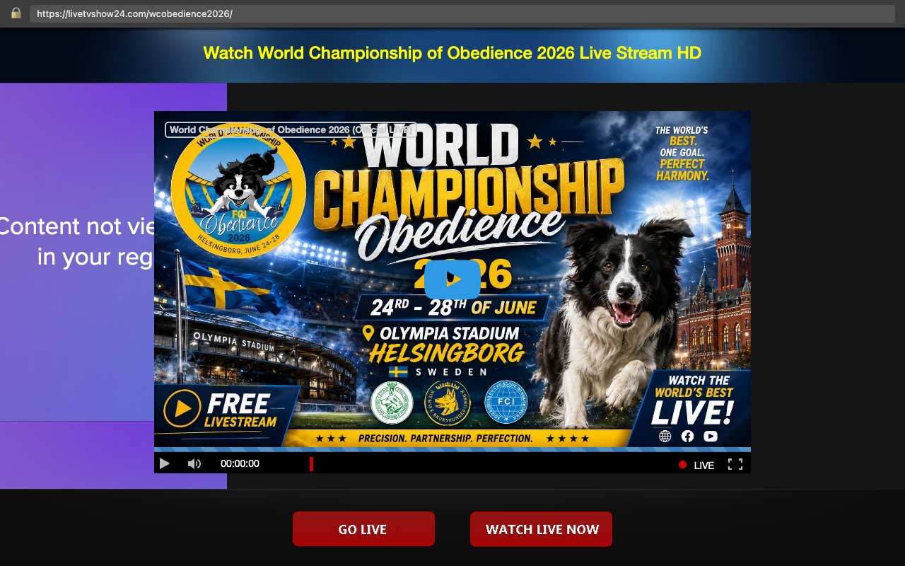 Fake WCO 2026 livestream landing page at livetvshow24.com