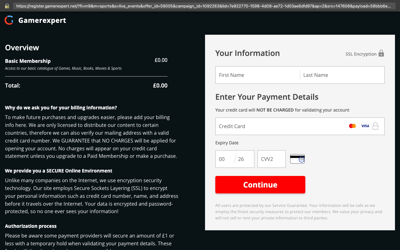 Payment page showing £0.00 and "will NOT BE CHARGED"
