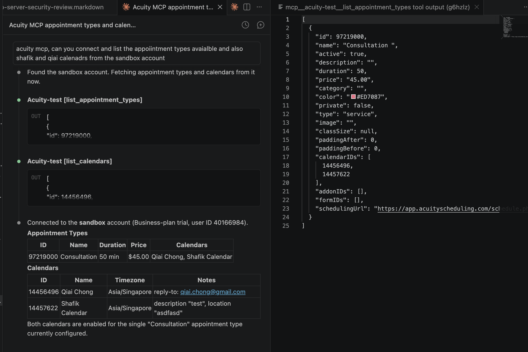 Screenshot of Claude Code calling list_appointment_types and list_calendars against the sandbox account, with the rendered results table