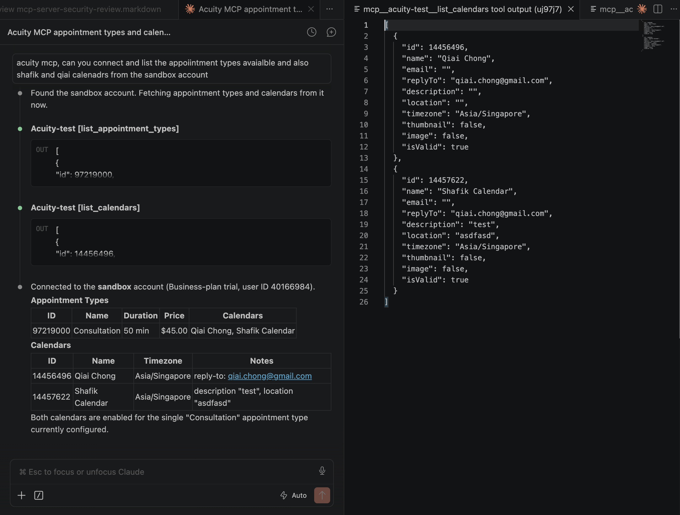 Screenshot of the raw JSON tool output for list_calendars, showing the replyTo field
