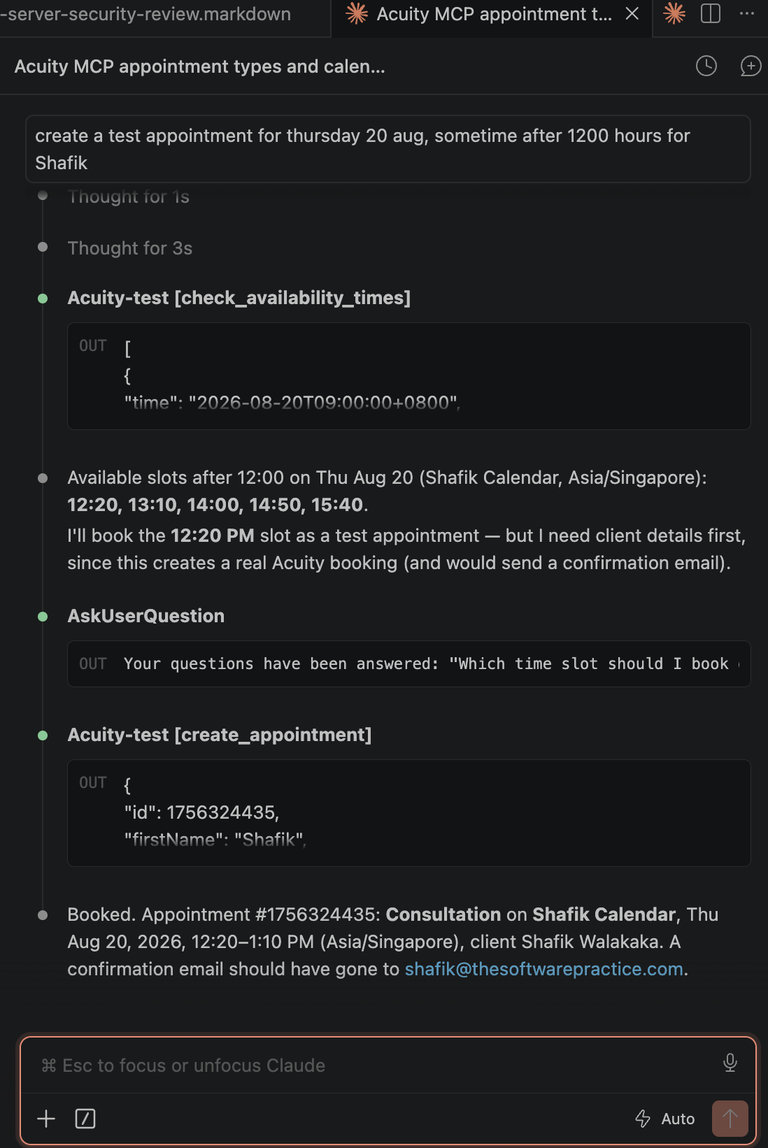 Screenshot of the create_appointment flow: checking availability, an AskUserQuestion confirmation gate, then the create_appointment call and its booked confirmation
