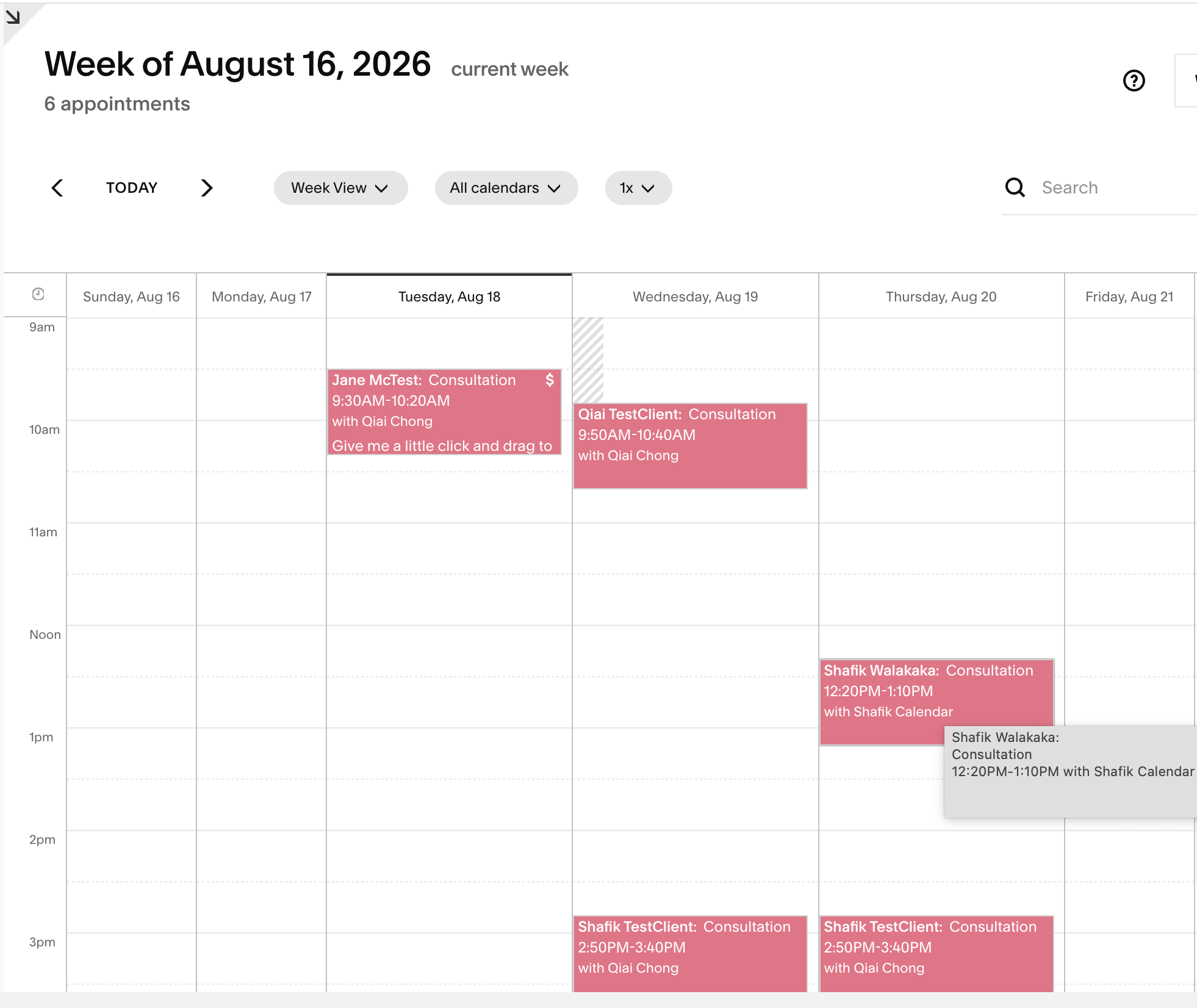 Screenshot of Acuity's own calendar week view, showing the newly created appointment for Shafik Walakaka on Thursday 12:20pm-1:10pm alongside other test appointments