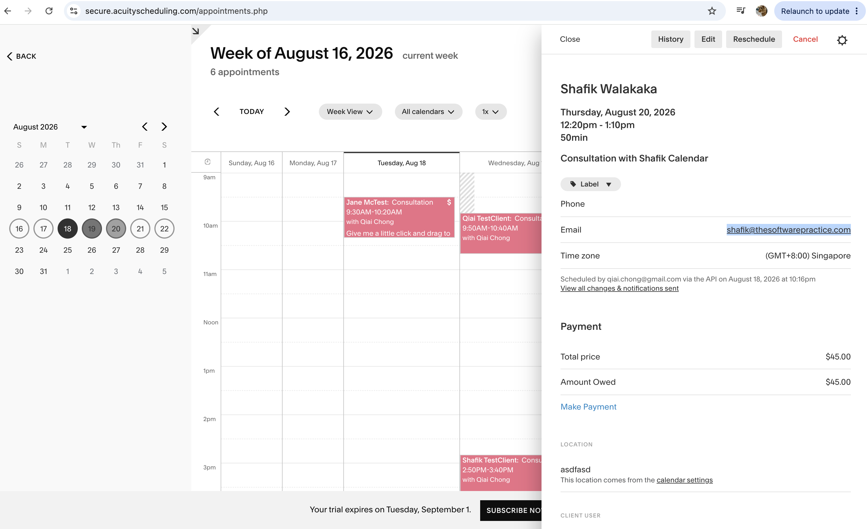 Screenshot of the appointment detail panel in Acuity, showing it was scheduled via the API
